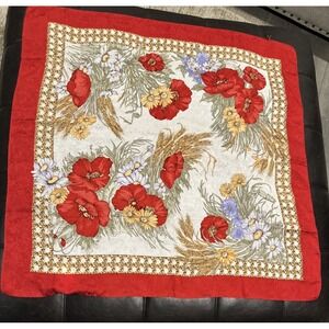 Vintage Silk Scarf Botanical Floral Nature Print Poppies Wheat Red Border